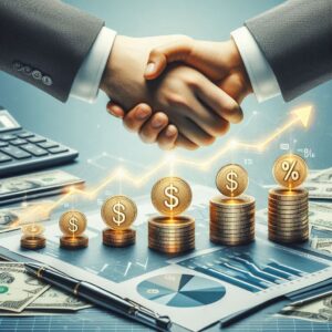 Two professionals shaking hands above a desk filled with stacked coins, financial charts, and graphs, symbolizing growth and successful partnership.