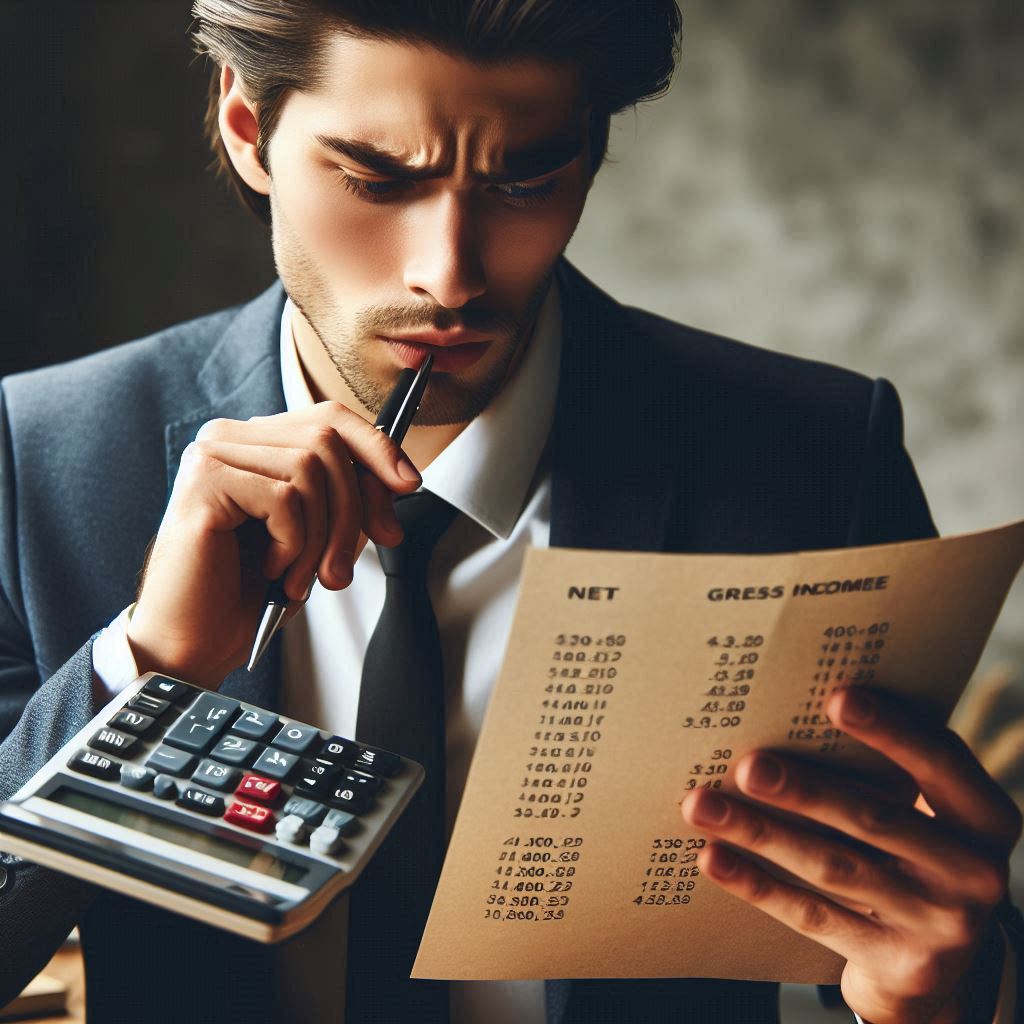 A person in a suit holding a piece of paper and a calculator, with columns labeled "NET" and "GRESS INCOME" on the paper.