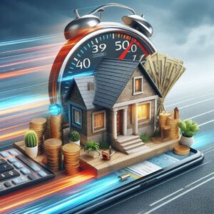 A miniature house surrounded by coins and cash placed on a smartphone, with a speedometer and clock overlay symbolizing fast financial solutions for real estate.