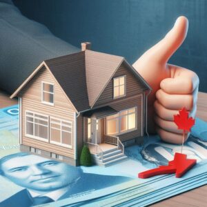 "A miniature house on Canadian banknotes with a thumbs-up gesture, a red arrow, and a maple leaf symbolizing financial success in real estate