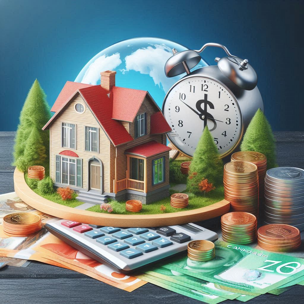 A miniature house with a red roof surrounded by coins, Canadian banknotes, a calculator, and a clock with a dollar symbol, set against a globe backdrop.