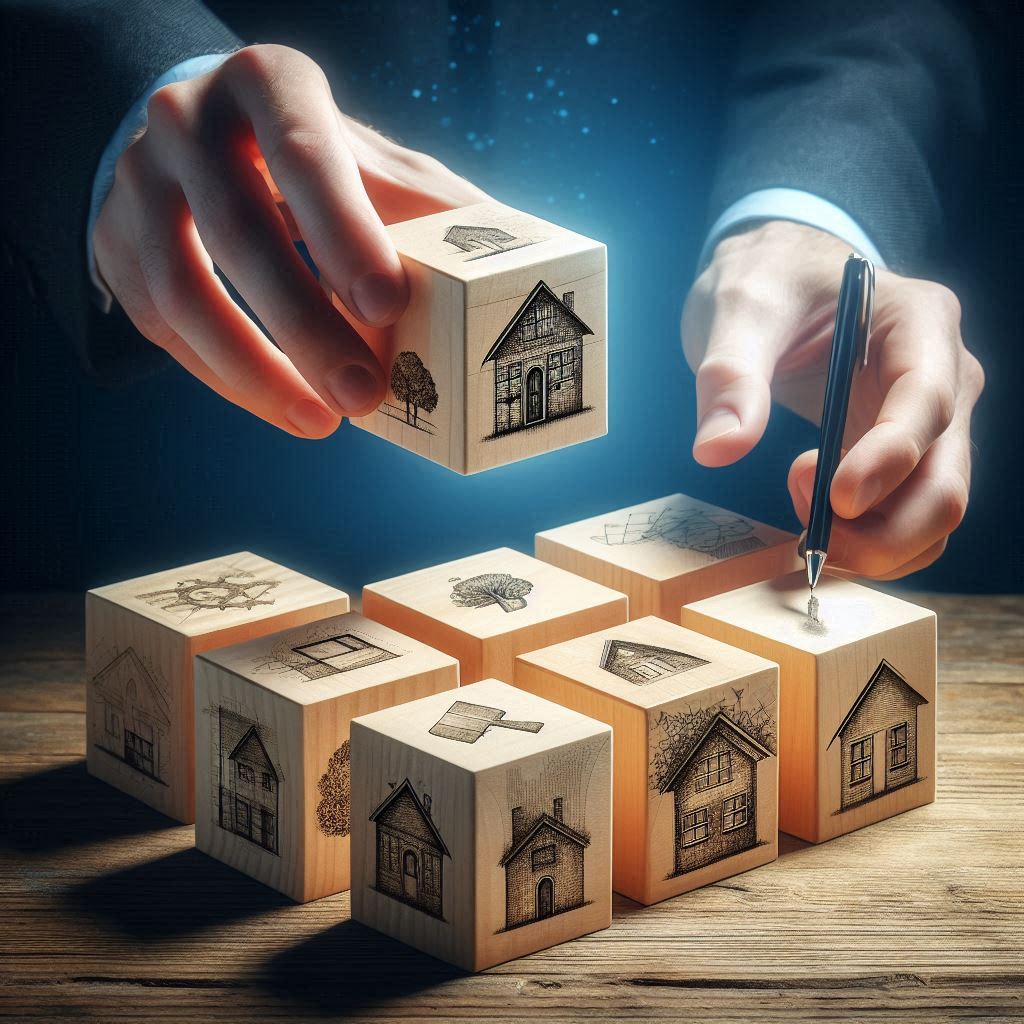 Close-up of hands arranging wooden blocks with detailed sketches of houses, trees, and construction tools, symbolizing real estate planning and development.