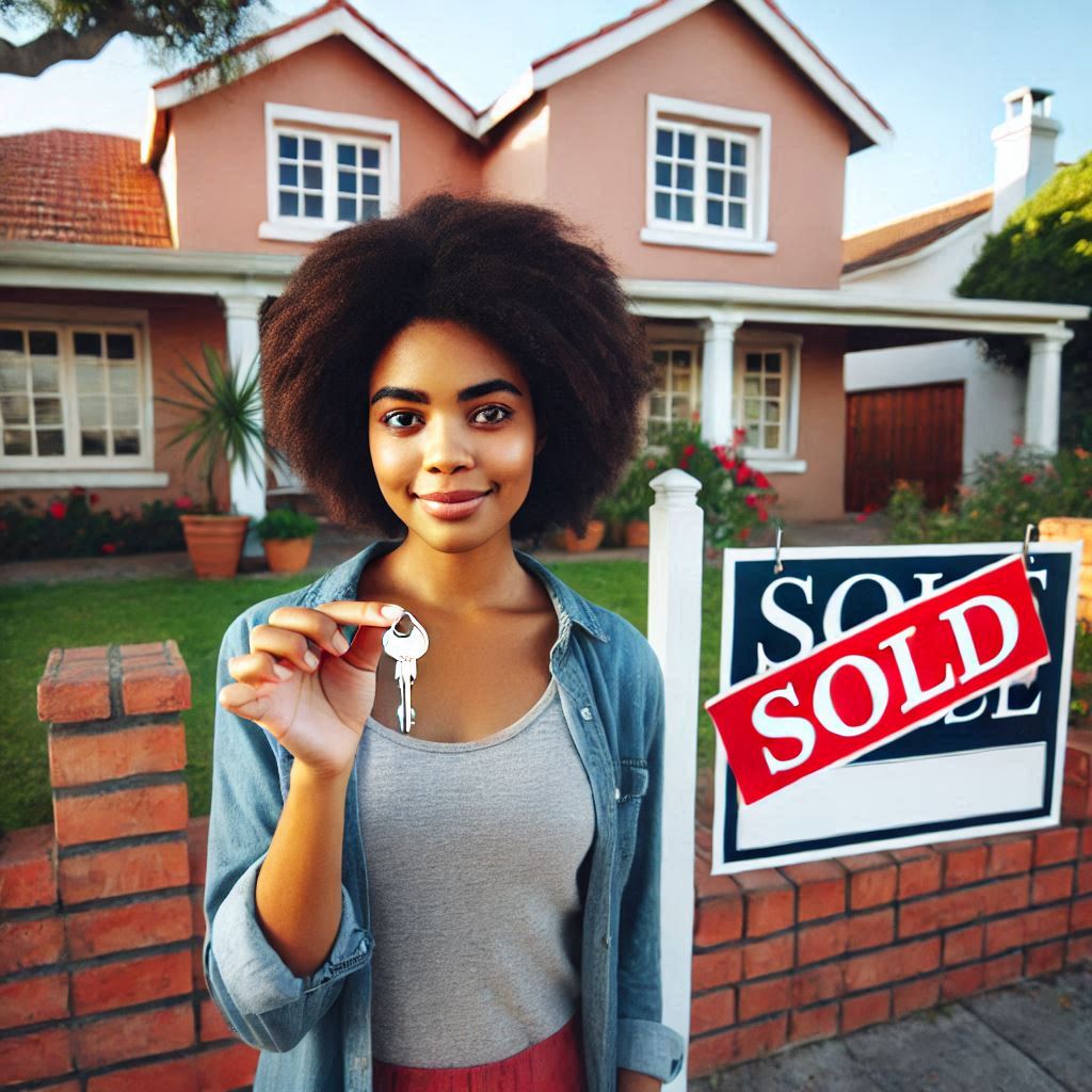 Smiling woman holding house keys in front of a house with a 'Sold' sign.