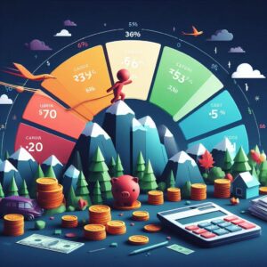 Illustration of a financial dashboard with colorful segments, coins, a piggy bank, a calculator, and a miniature landscape with mountains and trees.