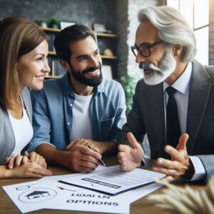 Three people sitting at a table, engaged in a discussion about loan options, with documents and a house icon visible on the table.