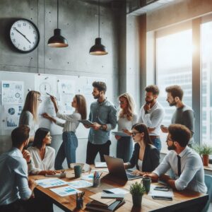 A diverse team collaborating during a business meeting in a modern office.