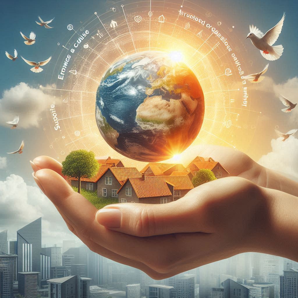 Hands holding a miniature neighborhood with the Earth above it, surrounded by doves and glowing symbols, symbolizing global harmony and sustainable living.
