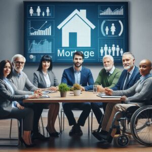 A diverse group of professionals sitting around a table with a large screen displaying mortgage-related data in the background