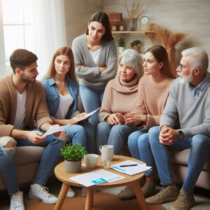A multi-generational family gathered in a cozy living room, discussing documents over a coffee table with plants and paperwork.