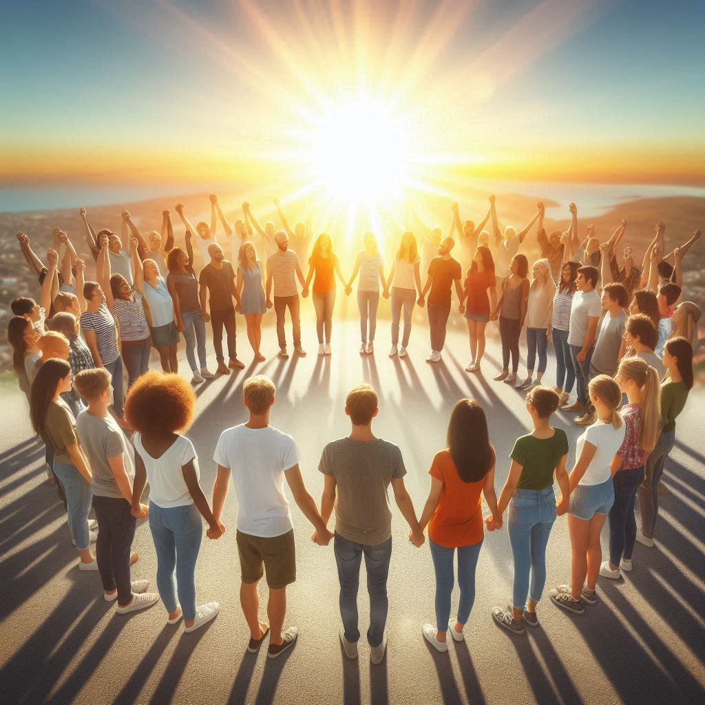 A diverse group of people holding hands in a large circle under a radiant sunrise, symbolizing unity and hope