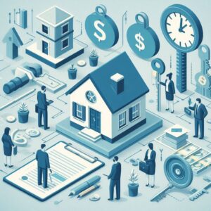 An infographic-style illustration of a house surrounded by financial icons, documents, and people representing the mortgage process.