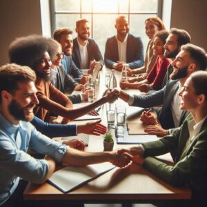 Group of diverse professionals sitting at a long table shaking hands in a sunlit conference room