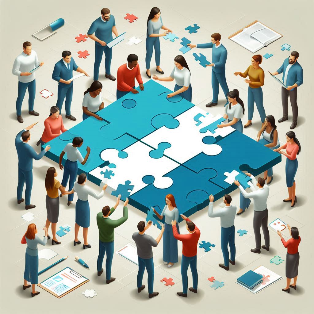 Large group of people collaborating to assemble a giant puzzle.