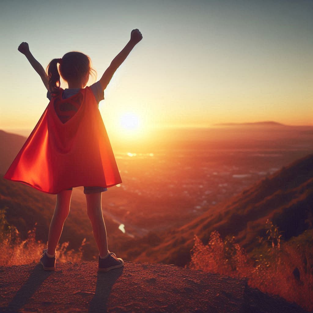 A young girl wearing a red superhero cape stands on a hilltop with arms raised triumphantly, gazing at a stunning sunset over a vast landscape.