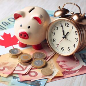 A piggy bank, an alarm clock, and various Canadian currency notes and coins.