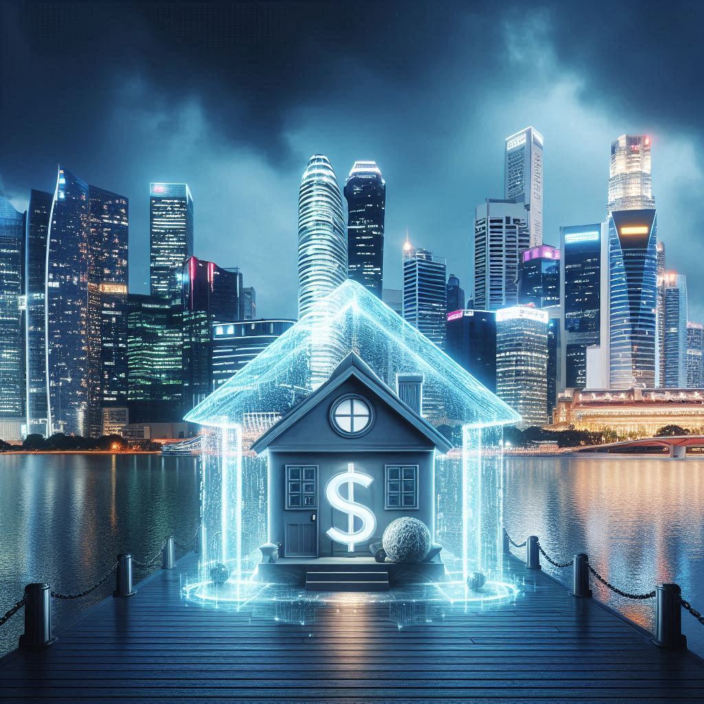 A futuristic cityscape with tall, illuminated skyscrapers in the background and a digital hologram of a house with a large dollar sign ($) on its front in the foreground.