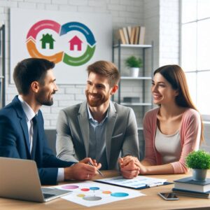 A mortgage agent smiling while discussing options with a happy couple in a bright office space, with a colorful house-themed infographic in the background