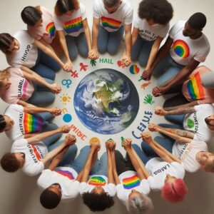 Group of diverse people sitting in a circle around a globe, wearing t-shirts with rainbow designs and symbols of unity and peace.