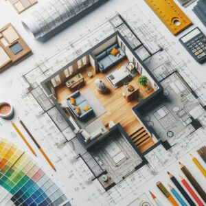 Detailed interior design and architectural floor plan with 3D renderings of a furnished apartment surrounded by drafting tools and color samples.