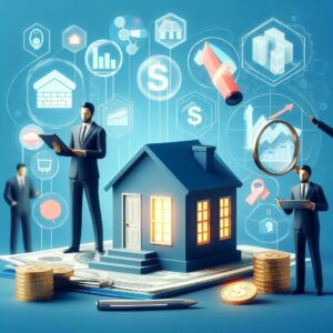 A miniature house surrounded by coins, documents, and professionals analyzing mortgage-related data with financial icons in the background