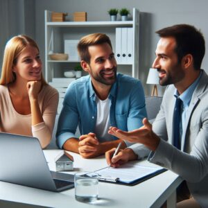 A mortgage agent discussing financial options with a smiling young couple at a table with documents and a laptop.