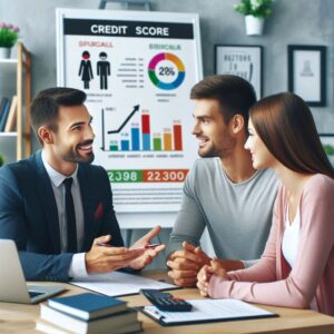 Smiling mortgage agent discussing credit scores with a young couple in a modern office with charts in the background.