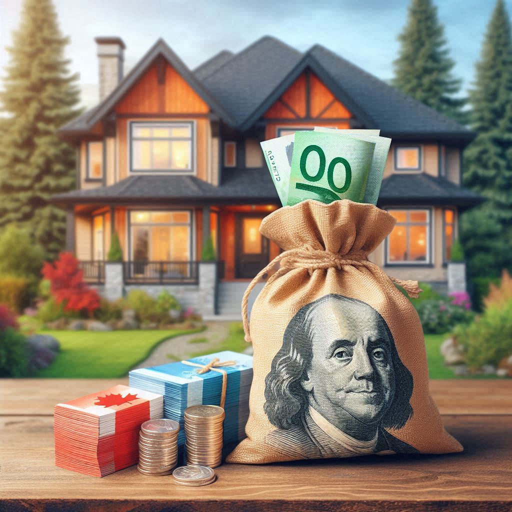 A large, modern house with a wooden exterior and a well-maintained garden, with a burlap sack filled with currency notes and stacks of banknotes and coins in the foreground.