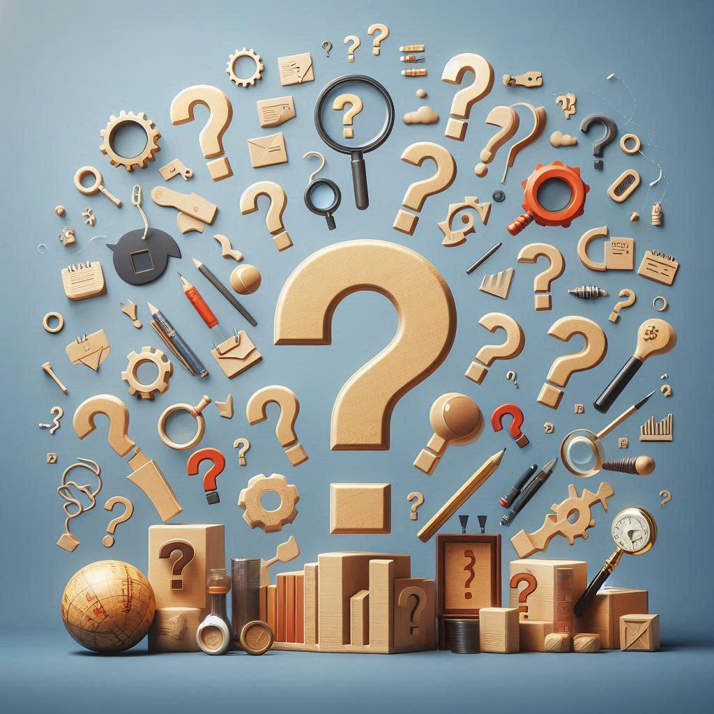 A creative arrangement of question marks and related icons, such as gears, magnifying glasses, and tools, symbolizing inquiry and problem-solving on a blue background.