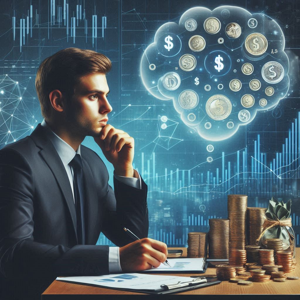 A person in a business suit sitting at a desk, appearing to be deep in thought while holding a pen and looking at a document with charts and graphs. In front of the person, there are stacks of coins and a bag filled with coins, symbolizing wealth or financial growth.