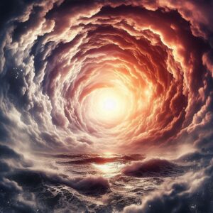 A swirling vortex of fiery clouds above a turbulent ocean, with a glowing light at the center.