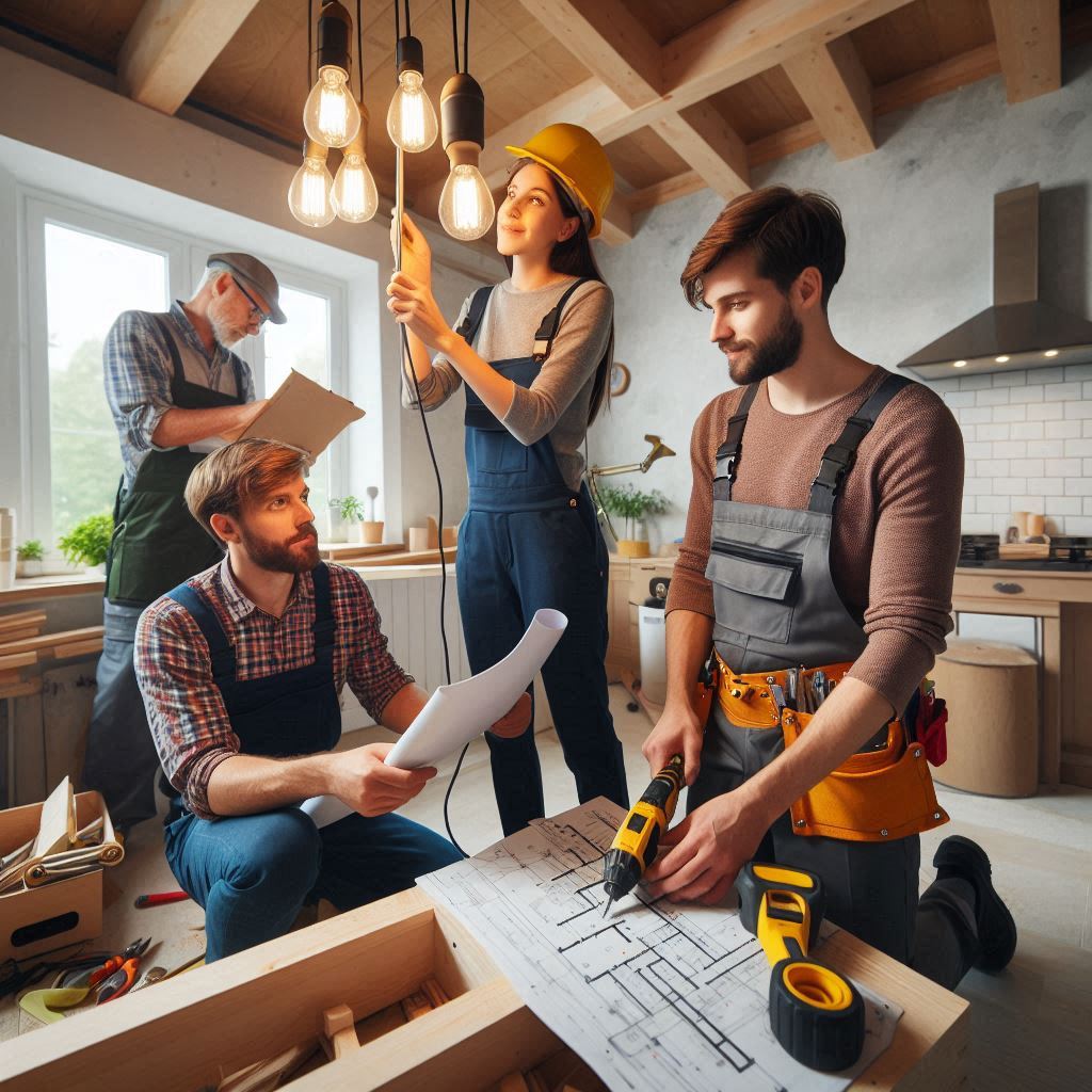 A collaborative team of workers in a workshop setting, focused on home renovation tasks, with one person adjusting a light fixture and others discussing blueprints