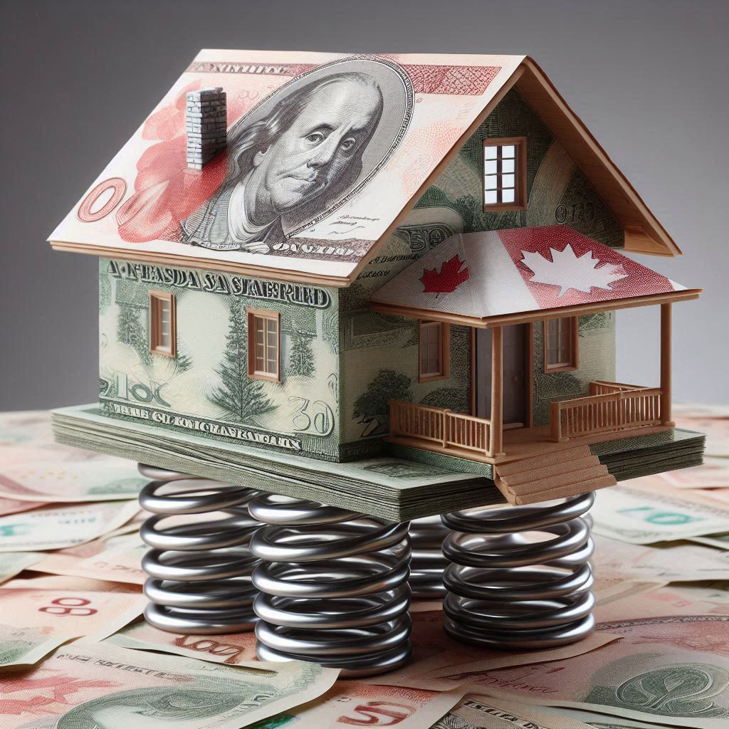 A model house made from Canadian currency, placed on large metal springs, resting on a surface covered with more Canadian banknotes.