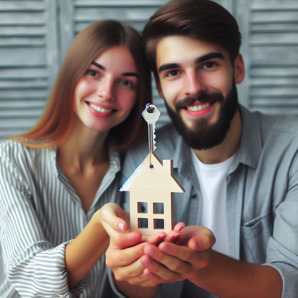 Happy couple holding a wooden house model with a key symbolizing homeownership.