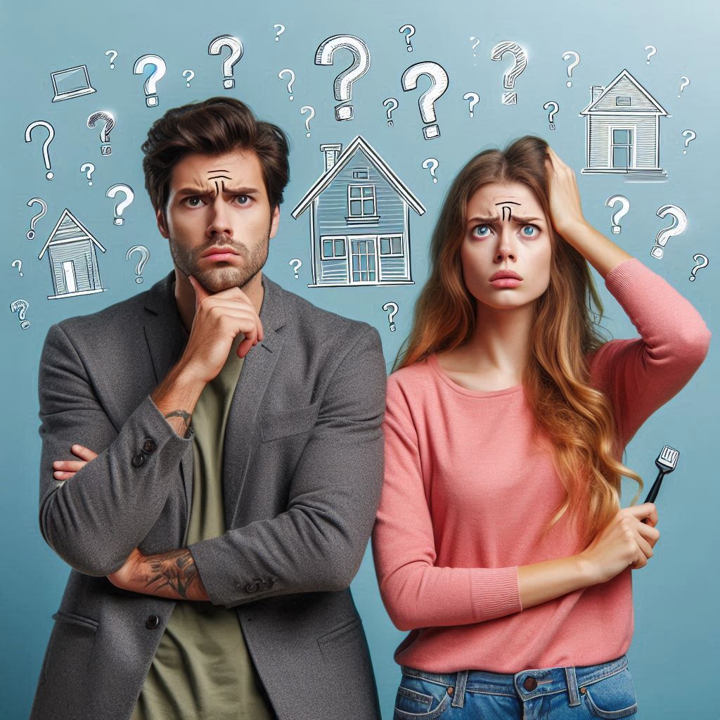A puzzled couple stands with expressions of concern, surrounded by illustrated question marks and house icons, symbolizing confusion and uncertainty about homeownership or mortgages