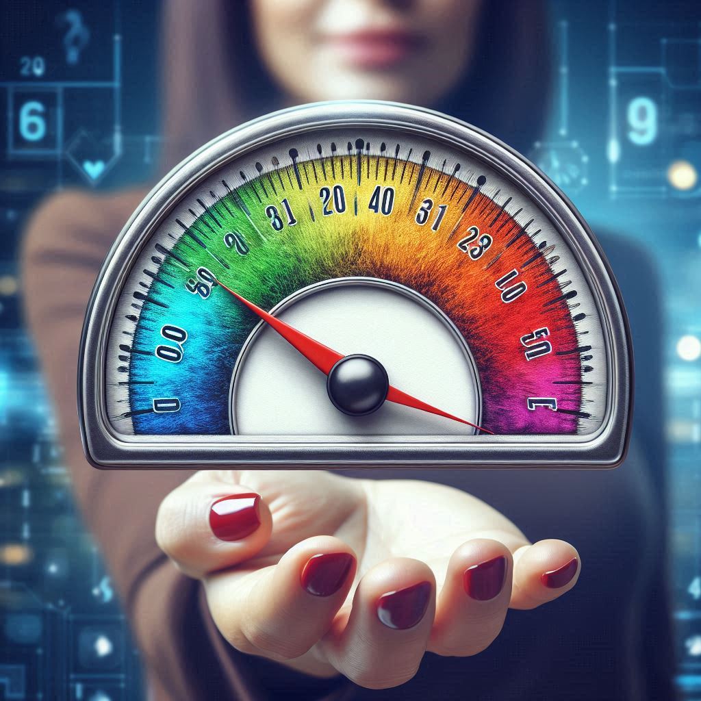A woman holding a vibrant gauge with a needle pointing toward the green section, symbolizing improvement or progress, against a digital background with numbers and data symbols.