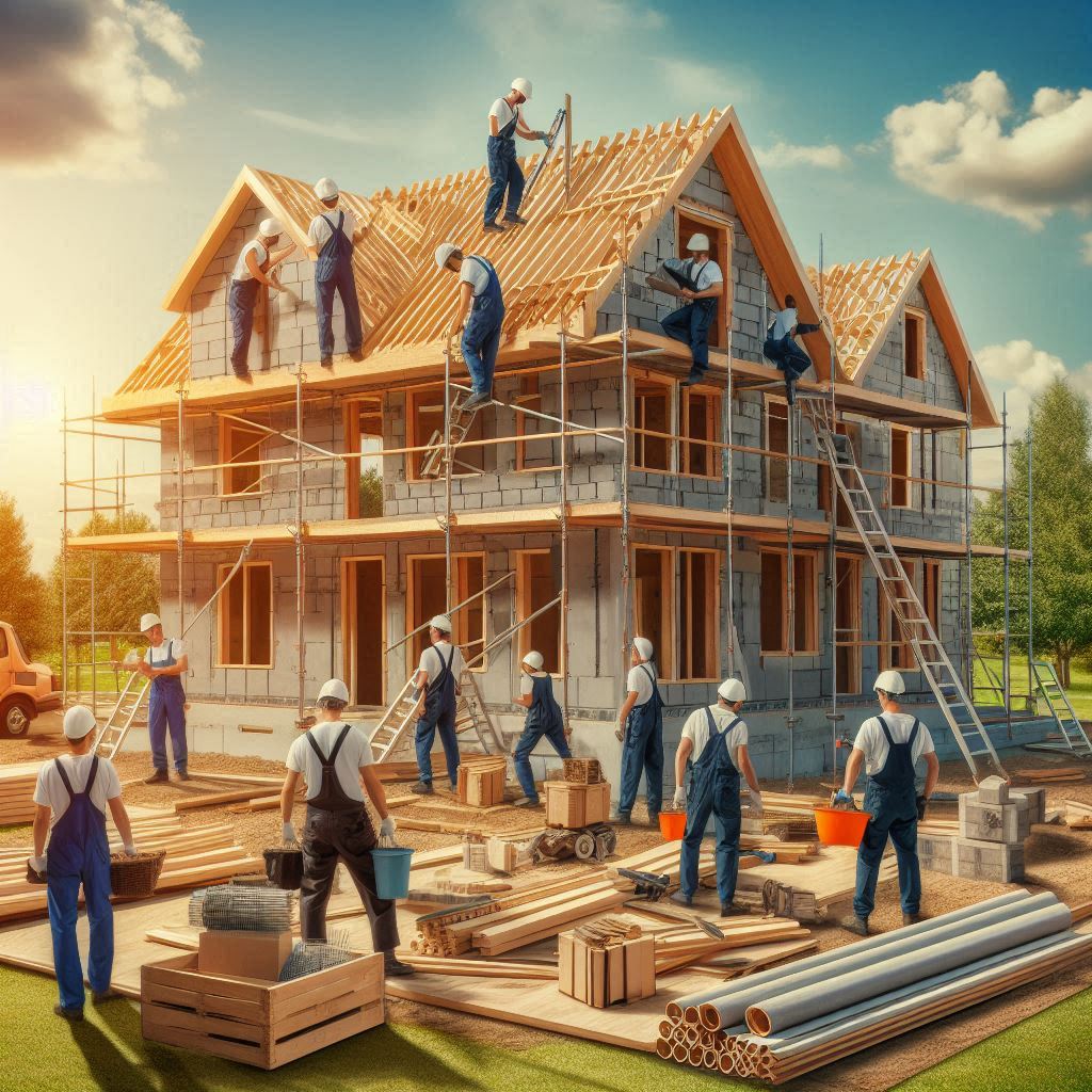 A busy construction site with workers in blue overalls and white helmets actively building a two-story house under sunny skies. Scaffolding surrounds the structure, and workers are seen using tools, carrying materials, and climbing ladders, with neatly stacked supplies in the foreground.