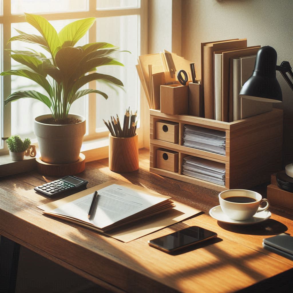 A well-organized workspace with a wooden desk, potted plants, office supplies, and a cup of coffee.