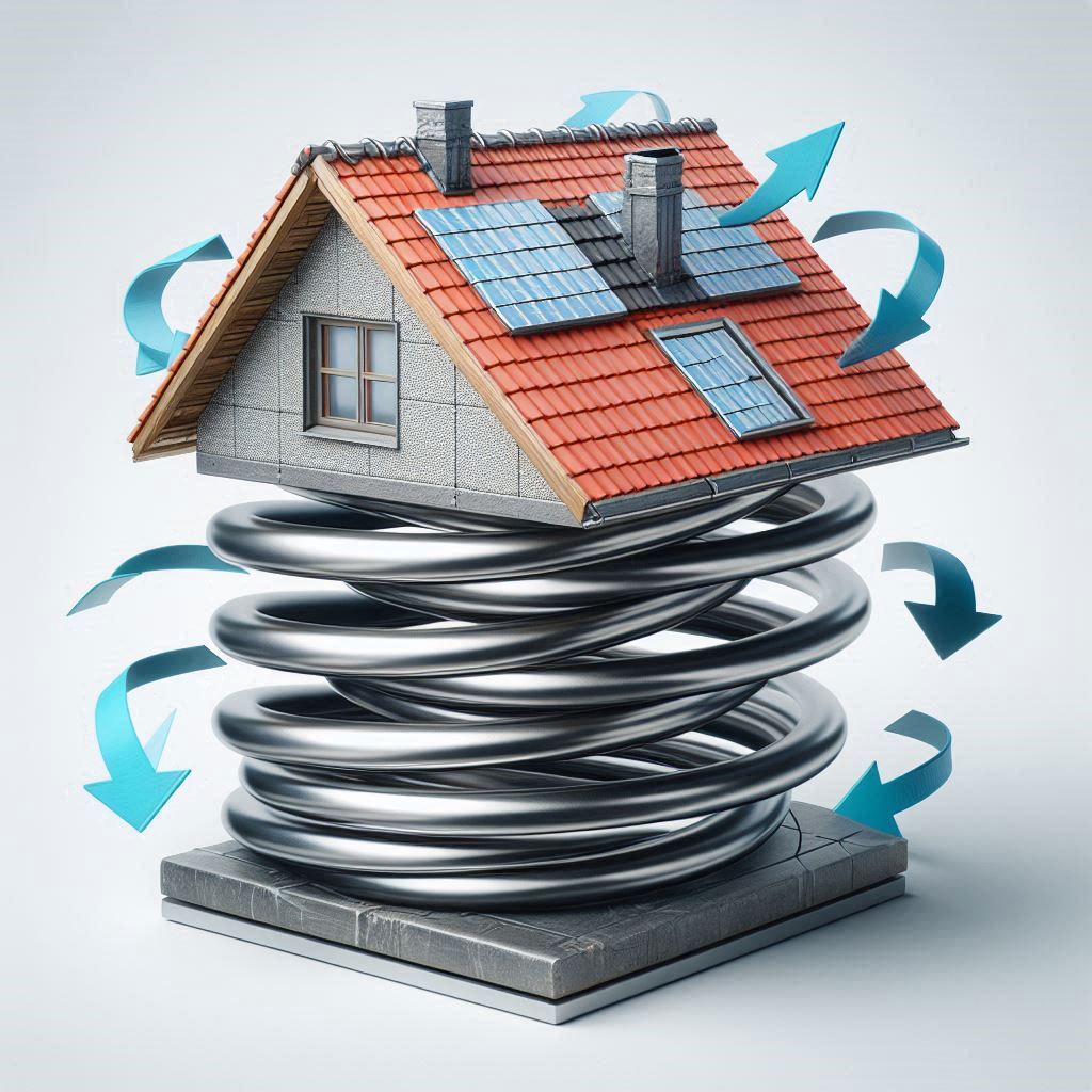 A house perched on a metallic spring with blue arrows surrounding it, symbolizing energy efficiency, sustainability, and resilience in housing.