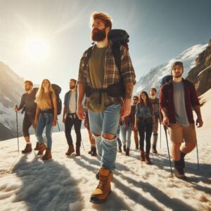 Group of hikers walking together on a snow-covered mountain trail under the bright sun
