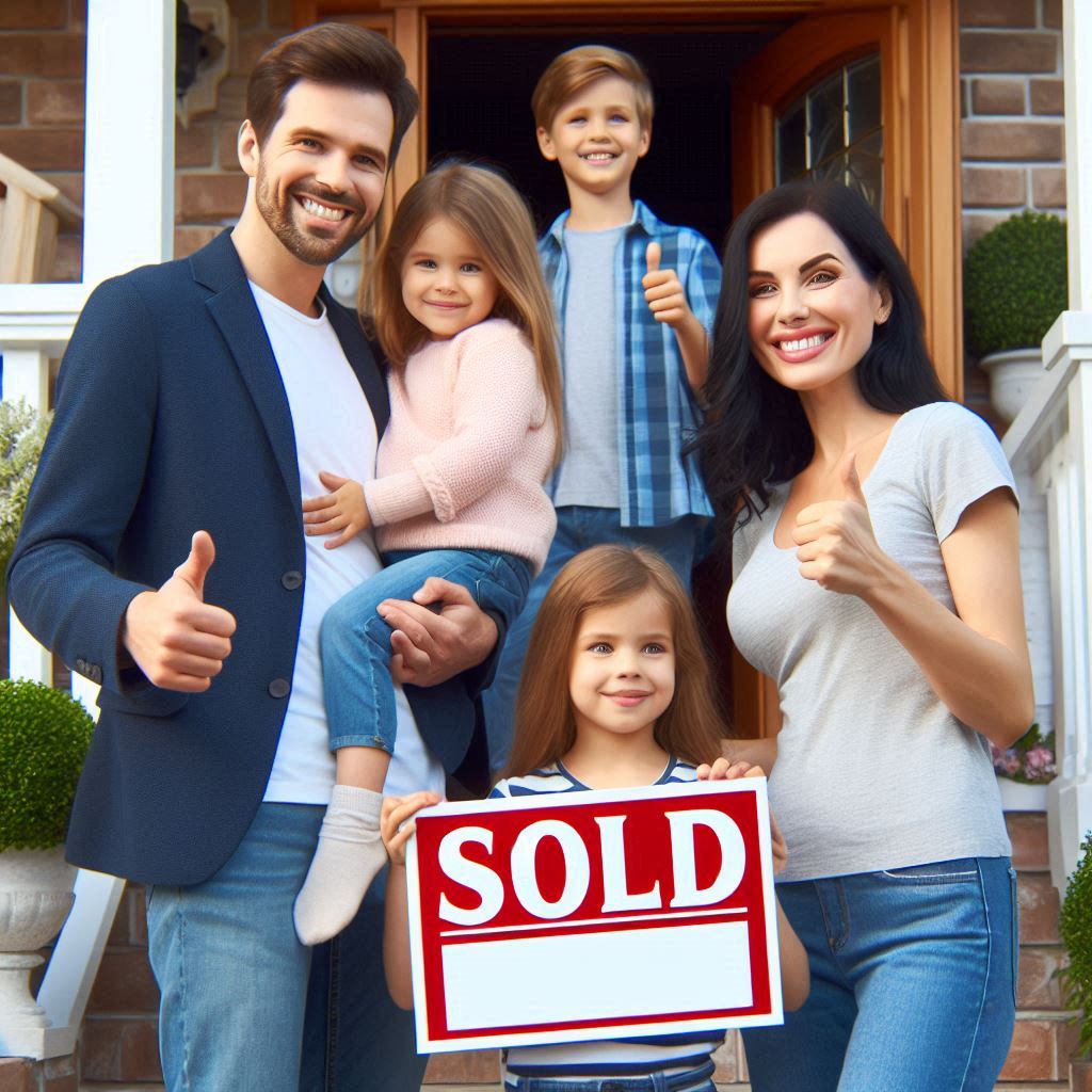 A happy family of five standing in front of their new home, holding a 'Sold' sign and giving thumbs-up gestures.