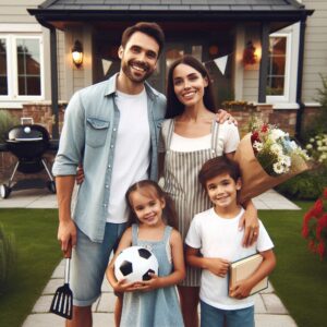 Happy family of four standing in front of their home, ready for a backyard gathering.