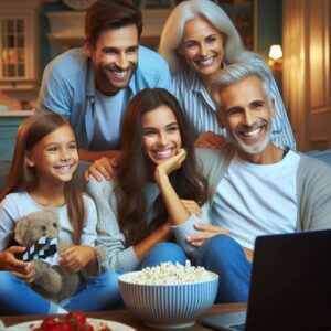 "A multi-generational family gathered on a couch, smiling and watching something on a laptop, with a bowl of popcorn on the table.