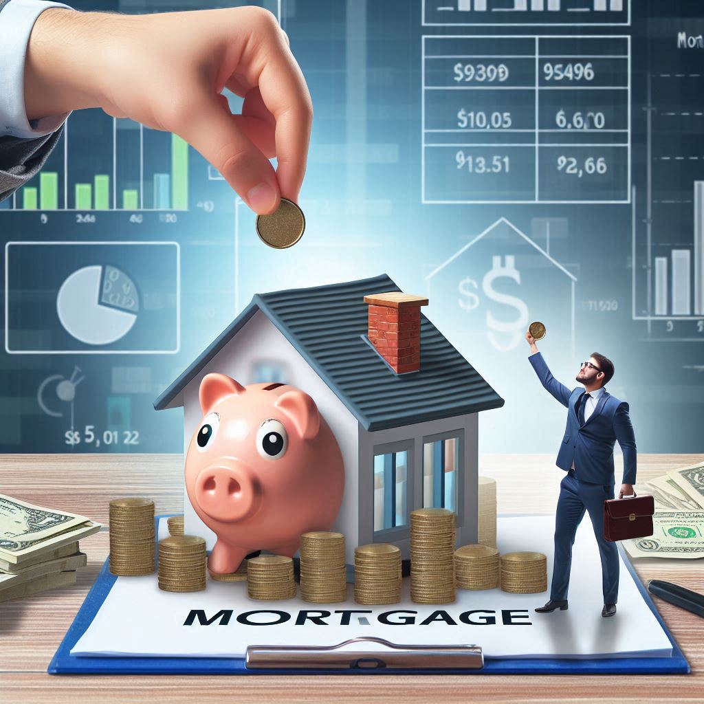 A hand placing a coin into a piggy bank shaped like a house, with stacks of coins and dollar bills around it, and a miniature figure of a person in a suit holding a briefcase and a coin next to the house.