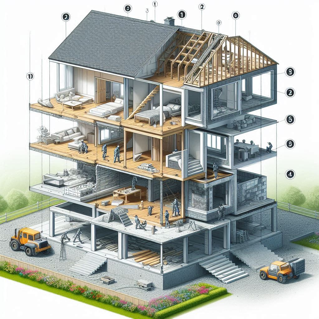 An architectural cross-section of a multi-story house under construction, showcasing detailed interiors, various construction phases, and labeled sections for each floor