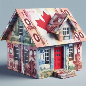 A house constructed entirely from Canadian currency, featuring a red front door and a Canadian flag design on the roof.