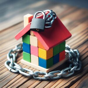 A colorful wooden block model of a house wrapped securely in a metal chain and locked with a padlock, placed on a wooden surface