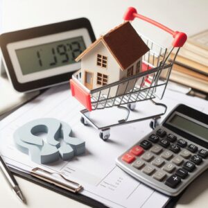 Miniature house in a shopping cart surrounded by calculators, documents, and financial symbols.
