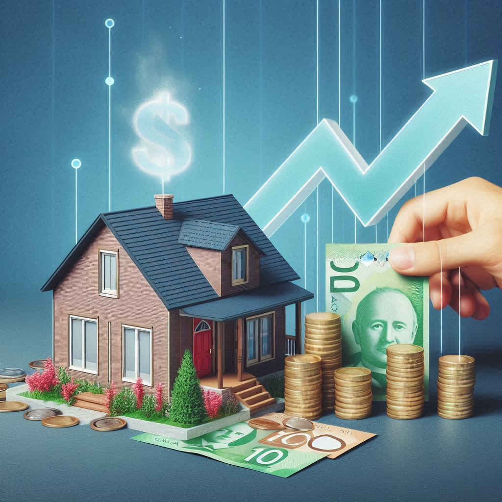 A model house surrounded by stacks of coins and Canadian currency, with a glowing dollar symbol above and a hand adding a $10 Canadian bill, set against a backdrop of rising financial graphs.