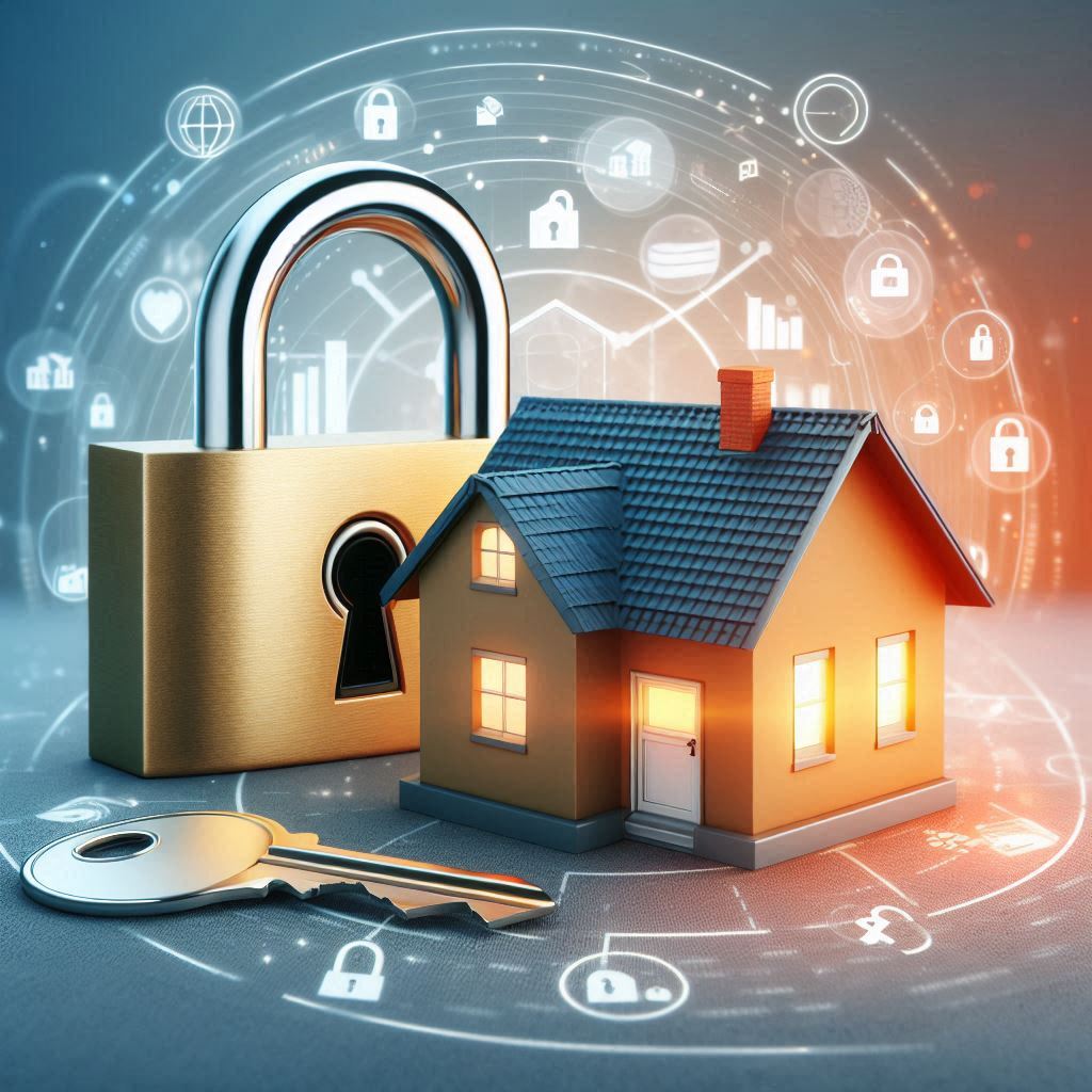 A glowing miniature house stands in front of a large golden padlock and key, surrounded by futuristic security icons and a digital interface