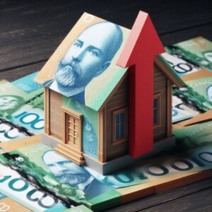 A small wooden model house decorated with Canadian $100 bills and a red upward arrow on its roof, symbolizing real estate growth or value appreciation